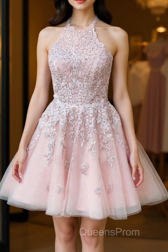 Pink tulle lace short Evening Prom Dress, pink tulle lace homecoming Dress Main image