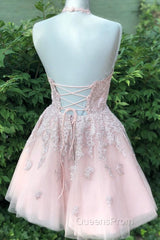 Pink tulle lace short Evening Prom Dress, pink tulle lace homecoming Dress