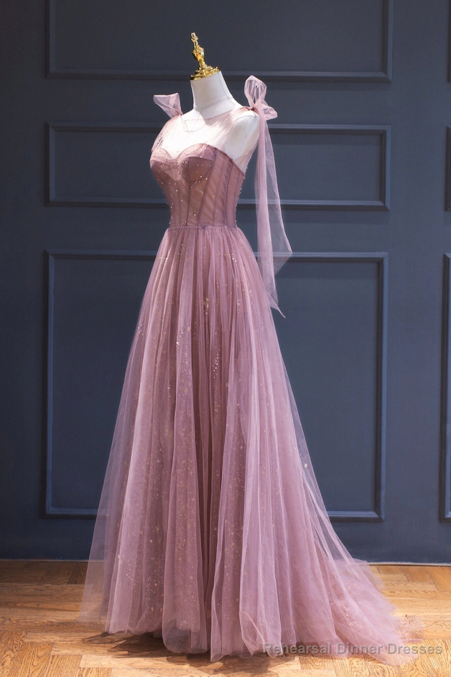 Pink Tulle Long A-Line Prom Dress, Pink Evening Dress with Corset Main image