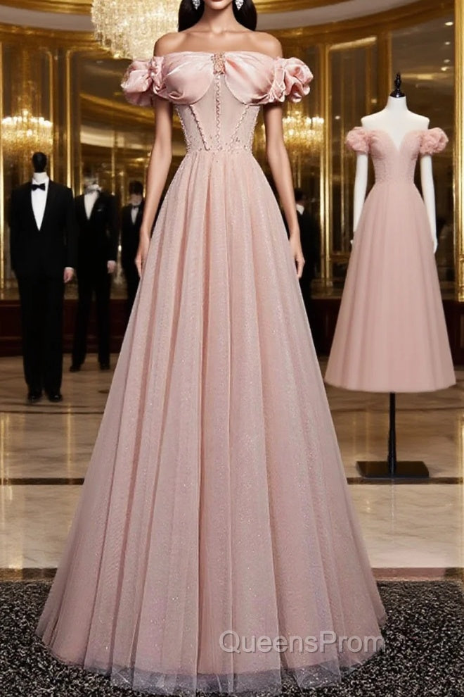 Pink Tulle Long A Line Evening Prom Dress Pink Evening Dress Main image