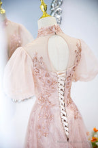 Pink Tulle Long A-Line Prom Dress, Pink Short Sleeve Evening Party Dress