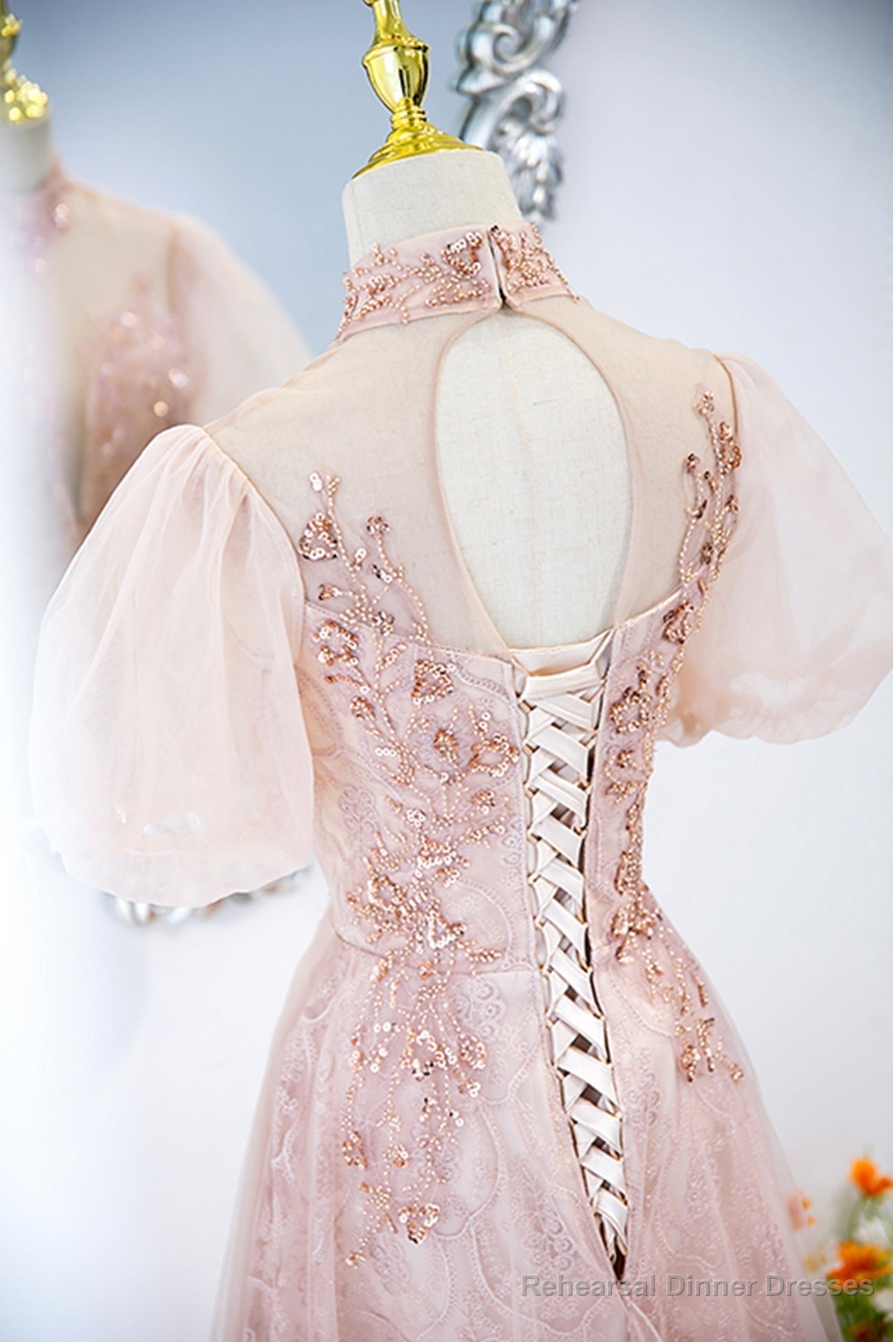 Pink Tulle Long A-Line Prom Dress, Pink Short Sleeve Evening Party Dress