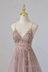 Pink Tulle Long A-Line Evening Prom Dress, Pink Spaghetti Formal Dress With Beaded
