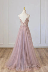 Pink Tulle Long A-Line Evening Prom Dress, Pink Spaghetti Formal Dress With Beaded