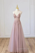 Pink Tulle Long A-Line Evening Prom Dress, Pink Spaghetti Formal Dress With Beaded