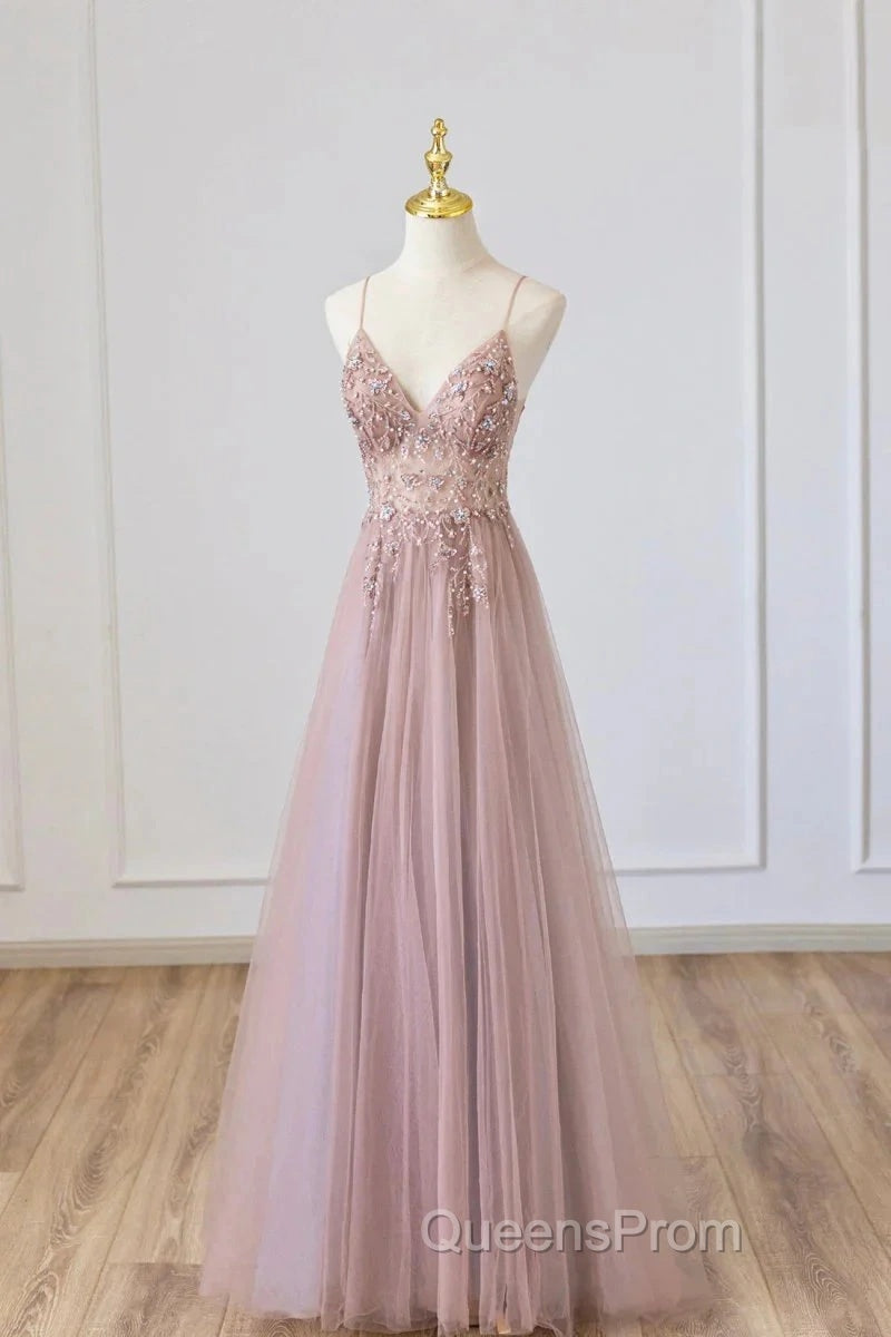Pink Tulle Long A-Line Evening Prom Dress, Pink Spaghetti Formal Dress With Beaded