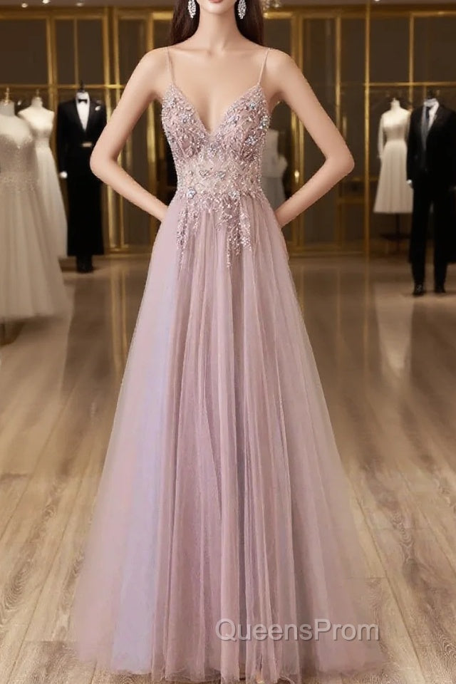 Pink Tulle Long A-Line Evening Prom Dress, Pink Spaghetti Formal Dress With Beaded Main image