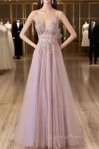 Pink Tulle Long A-Line Evening Prom Dress, Pink Spaghetti Formal Dress With Beaded