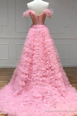 Pink Tulle Long A-Line Prom Dress, Pink Sweetheart Neckline Evening Gown