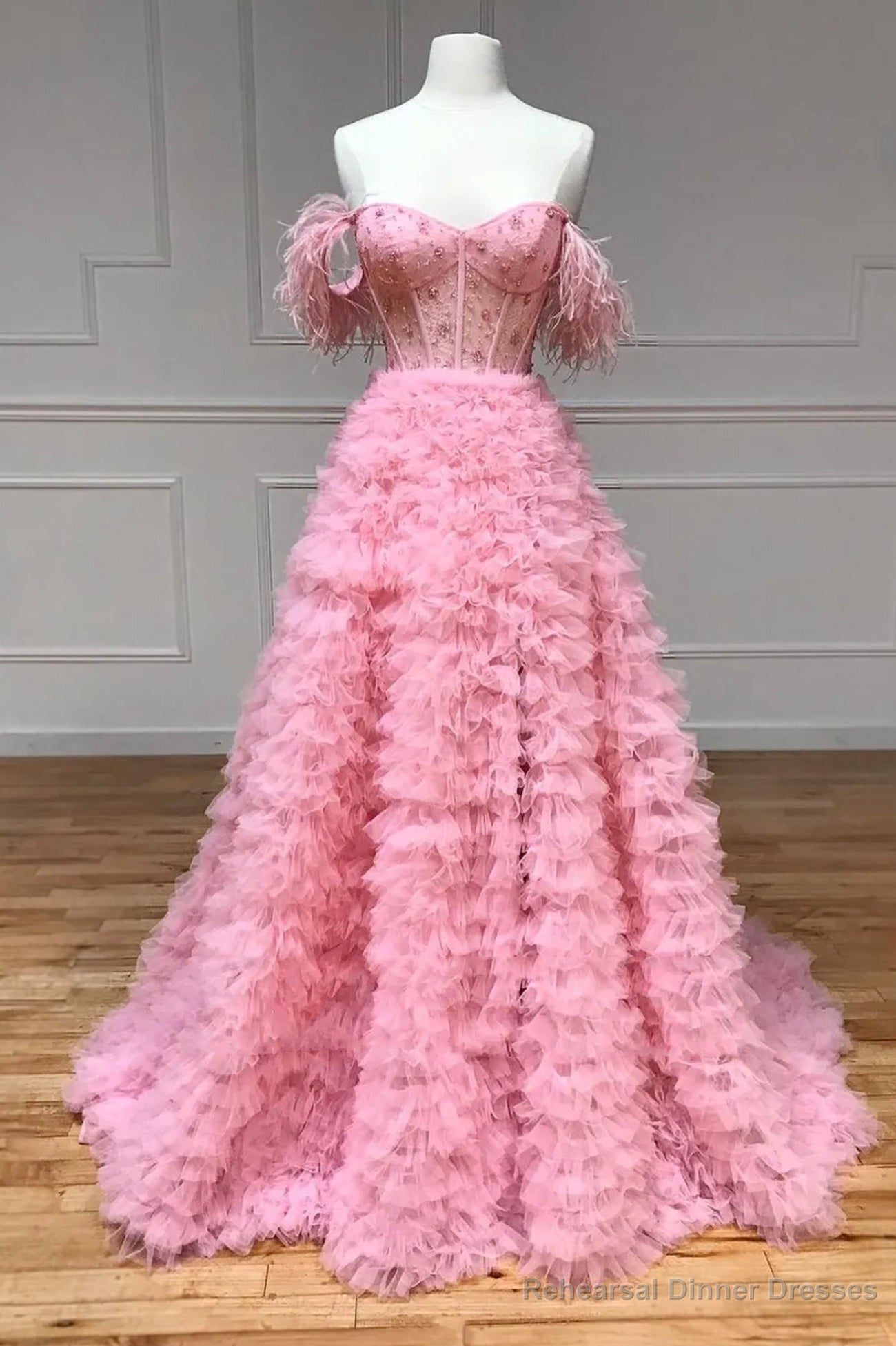 Pink Tulle Long A-Line Prom Dress, Pink Sweetheart Neckline Evening Gown Main image