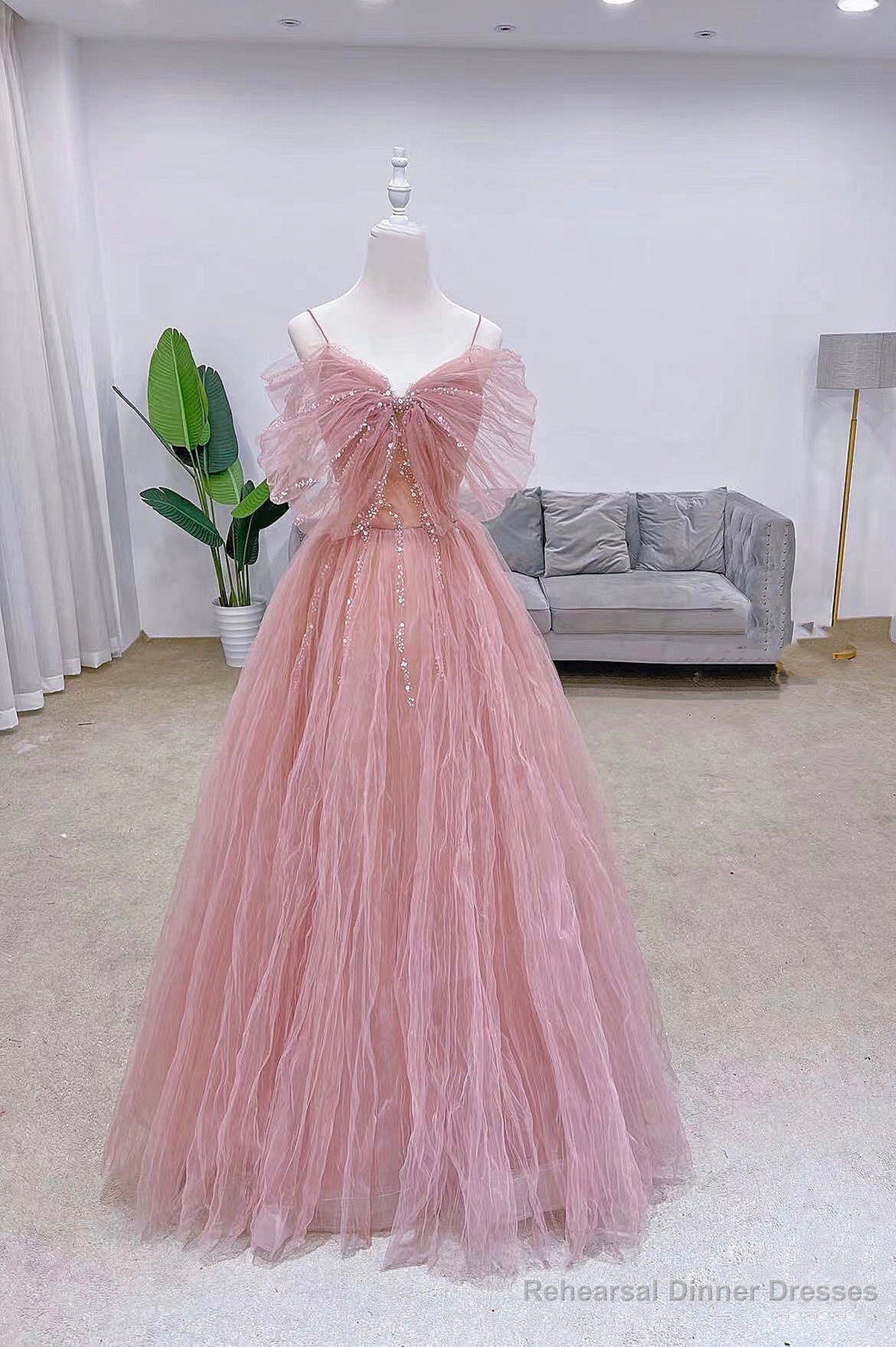 Pink Tulle Long A-Line Prom Dress with Bow, Pink Evening Graduation Dress Main image
