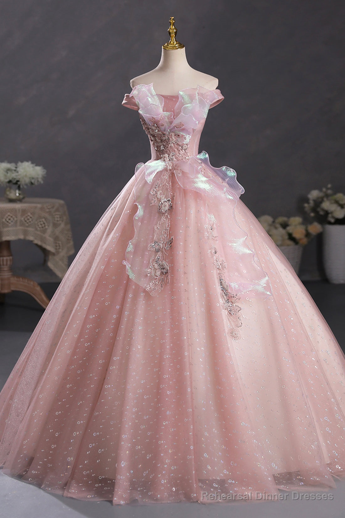 Pink Tulle Long A-Line Prom Dress with Lace, Off Shoulder Sweet 16 Dress Secondary image