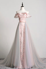 Pink Tulle Long A-Line Prom Dress with Train, Off the Shoulder Formal Evening Dress