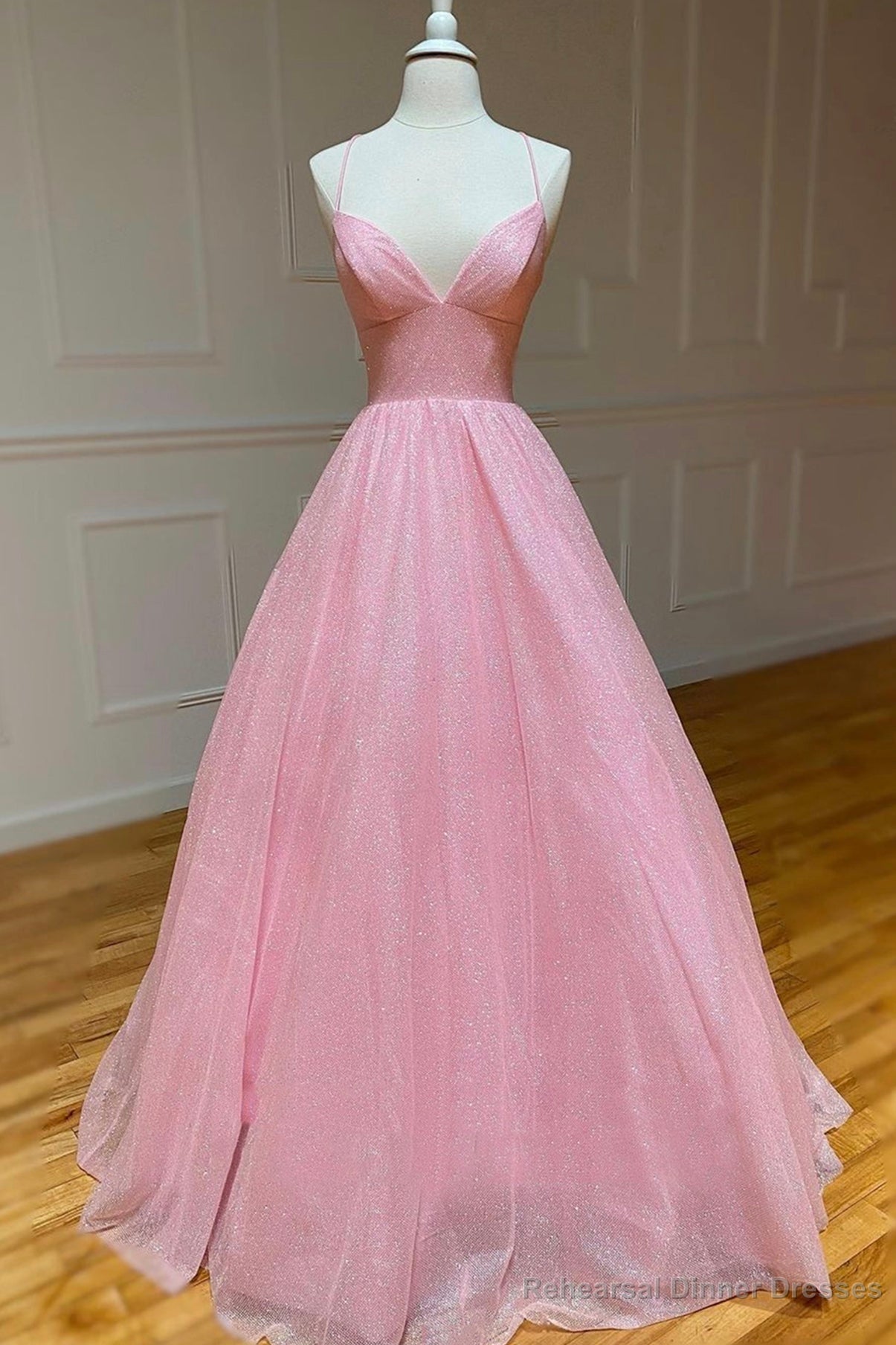 Pink Tulle Long Backless Prom Dress, A-Line V Neck Party Dress Main image