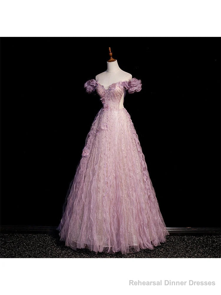 Pink Tulle Long Off Shoulder Party Dress with Flowers Pink Evening Dress Formal Dress prom dresses shops Main image