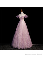 Pink Tulle Long Off Shoulder Party Dress with Flowers Pink Evening Dress Formal Dress prom dresses shops