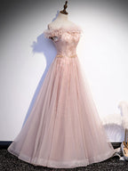 Pink Tulle Long Prom Dress, A line Pink Formal Graduation Dresses
