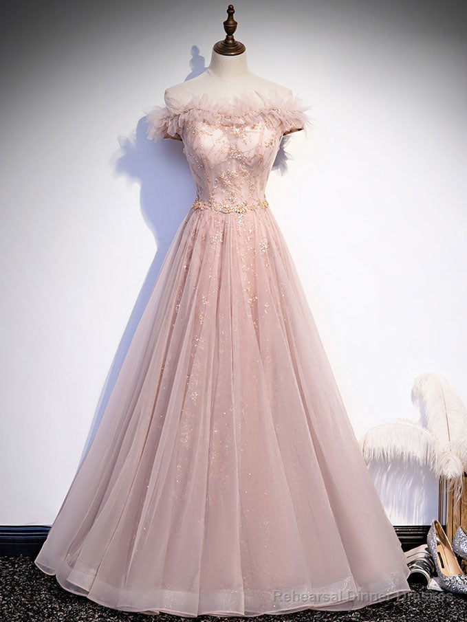 Pink Tulle Long Prom Dress, A line Pink Formal Graduation Dresses Main image