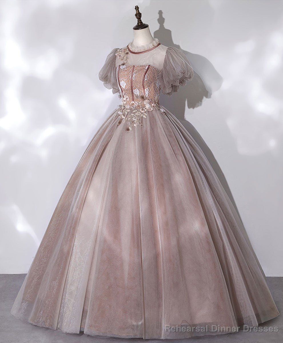 Pink Tulle Long Prom Dress, Pink Formal Sweet 16 Dress with Applique Beading Main image