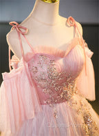 Pink Tulle Off Shoulder Beaded A-Line Evening Prom Dress, Pink Tulle Long Party Dress