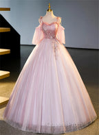 Pink Tulle Off Shoulder Beaded A-Line Evening Prom Dress, Pink Tulle Long Party Dress