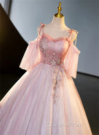 Pink Tulle Off Shoulder Beaded A-Line Evening Prom Dress, Pink Tulle Long Party Dress