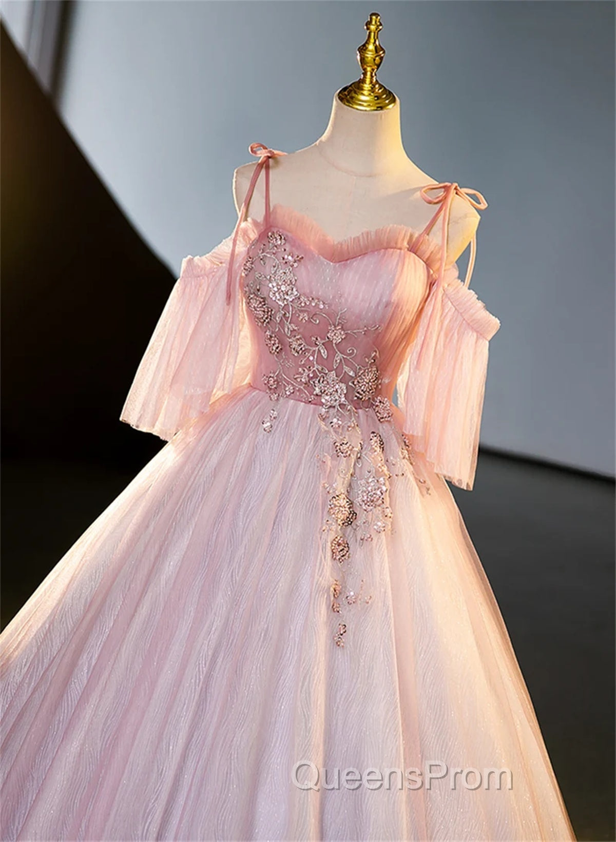 Pink Tulle Off Shoulder Beaded A-Line Evening Prom Dress, Pink Tulle Long Party Dress