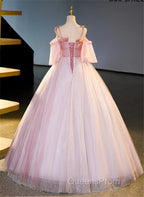 Pink Tulle Off Shoulder Beaded A-Line Evening Prom Dress, Pink Tulle Long Party Dress