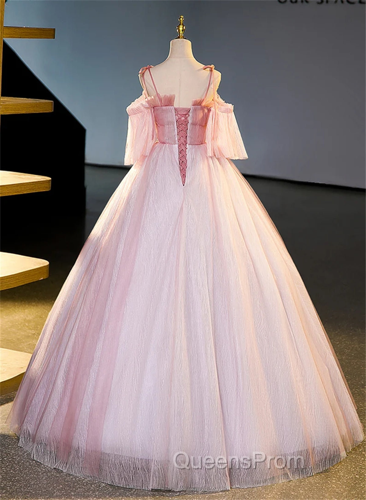Pink Tulle Off Shoulder Beaded A-Line Evening Prom Dress, Pink Tulle Long Party Dress