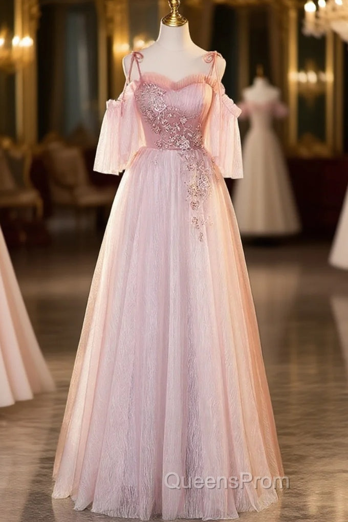 Pink Tulle Off Shoulder Beaded A-Line Evening Prom Dress, Pink Tulle Long Party Dress Main image