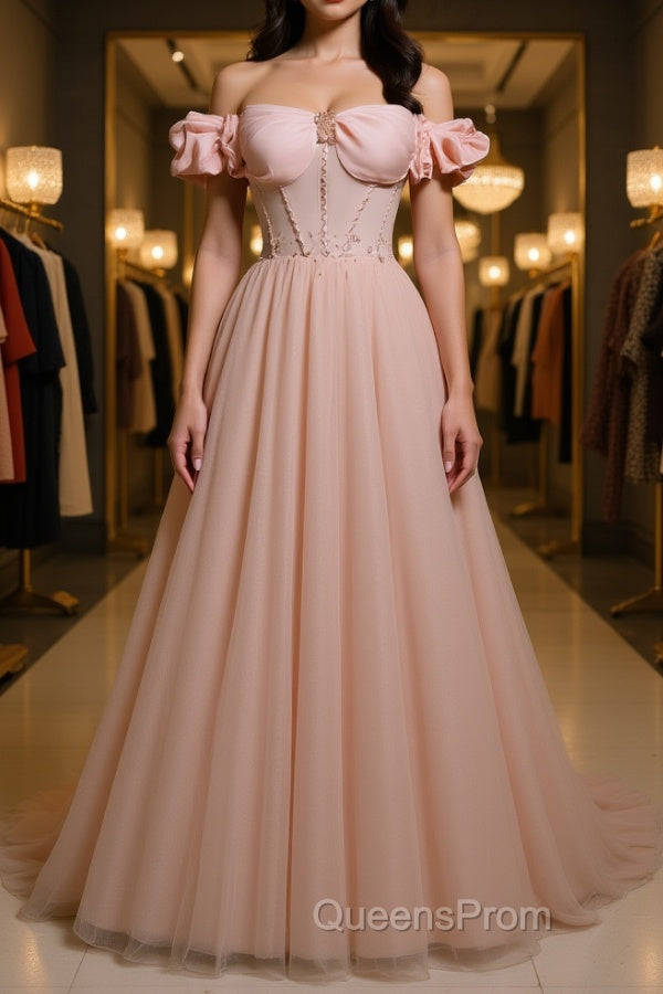 Pink tulle off shoulder long Evening Prom Dress, pink tulle formal Dress Main image