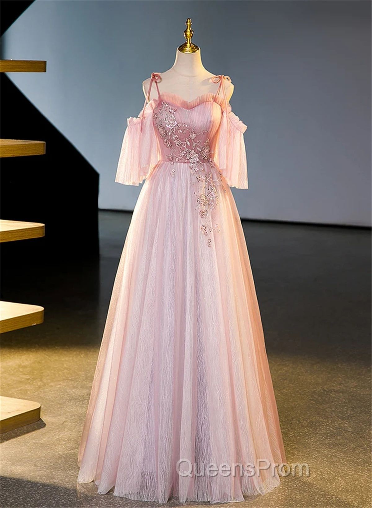 Pink Tulle Off Shoulder Sweetheart Long Formal Dress, Pink Beaded Sweet 16 Dress Secondary image