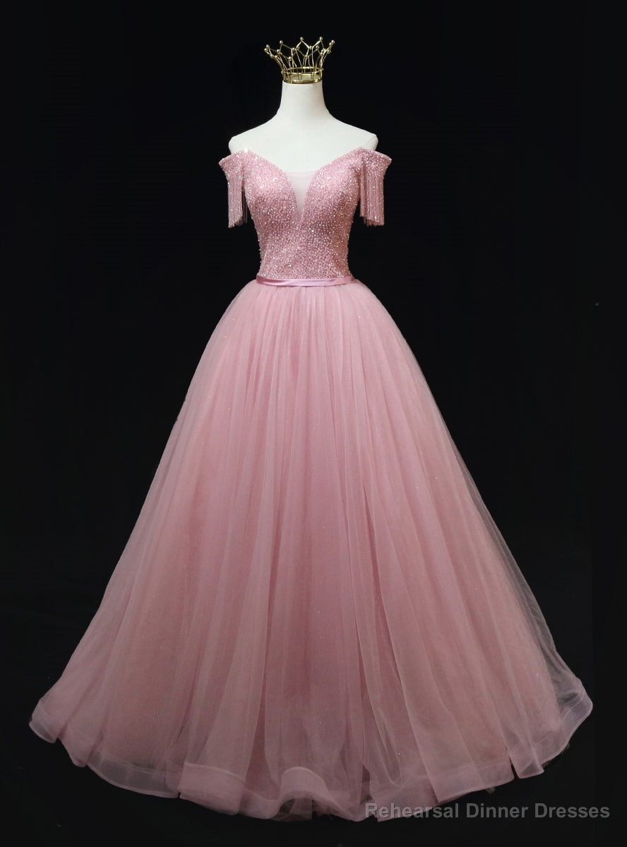 Pink Tulle Off the Shouder Beading Prom Dress Main image