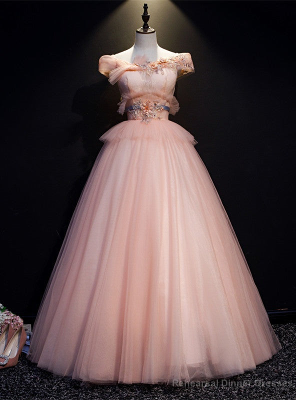 Pink Tulle Off the Shoulder Appliques Beading Quinceanera Dress Main image