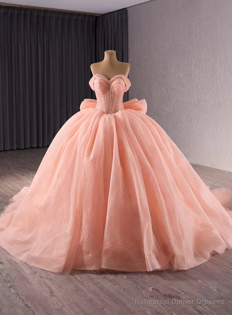 Pink Tulle Off the Shoulder Beading Bow Prom Dress Main image