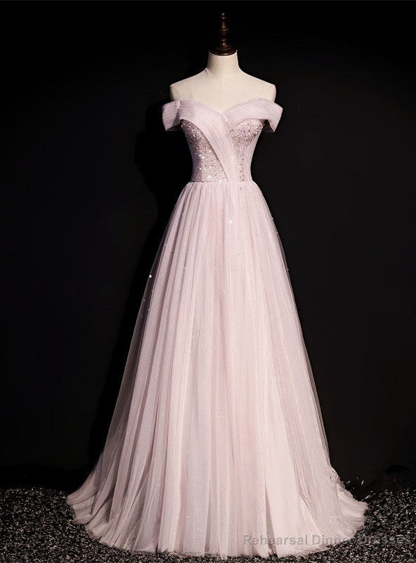 Pink Tulle Off the Shoulder Beading Pleats Prom Dress Main image