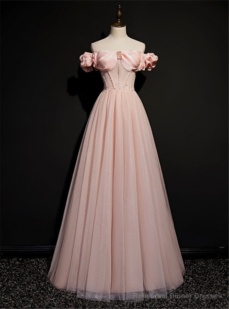 Pink Tulle Off the Shoulder Beading Prom Dresses Main image