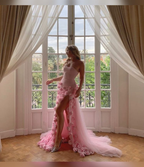 Charming Pink Strapless High Slit Flower Classy Prom Dress