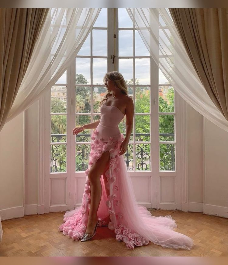 Charming Pink Strapless High Slit Flower Classy Prom Dress