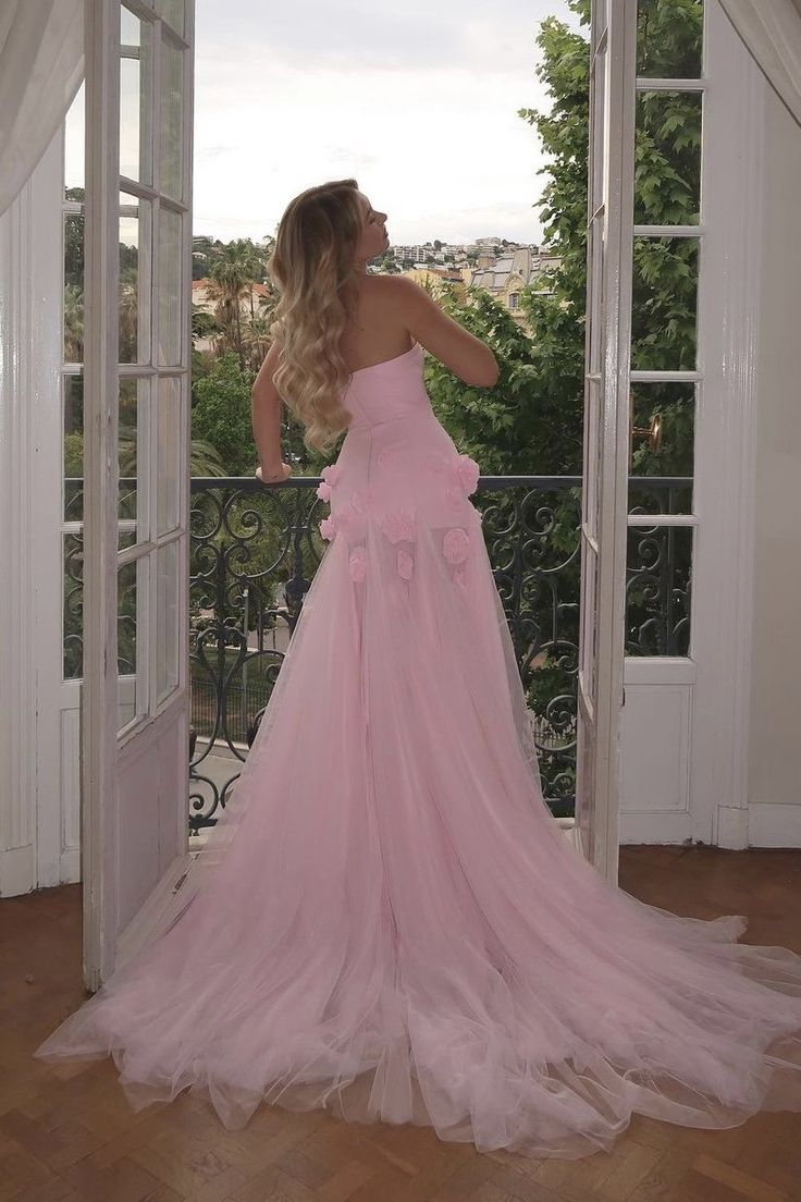 Charming Pink Strapless High Slit Flower Classy Prom Dress
