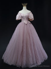 Pink Tulle Off the Shoulder Prom Dress