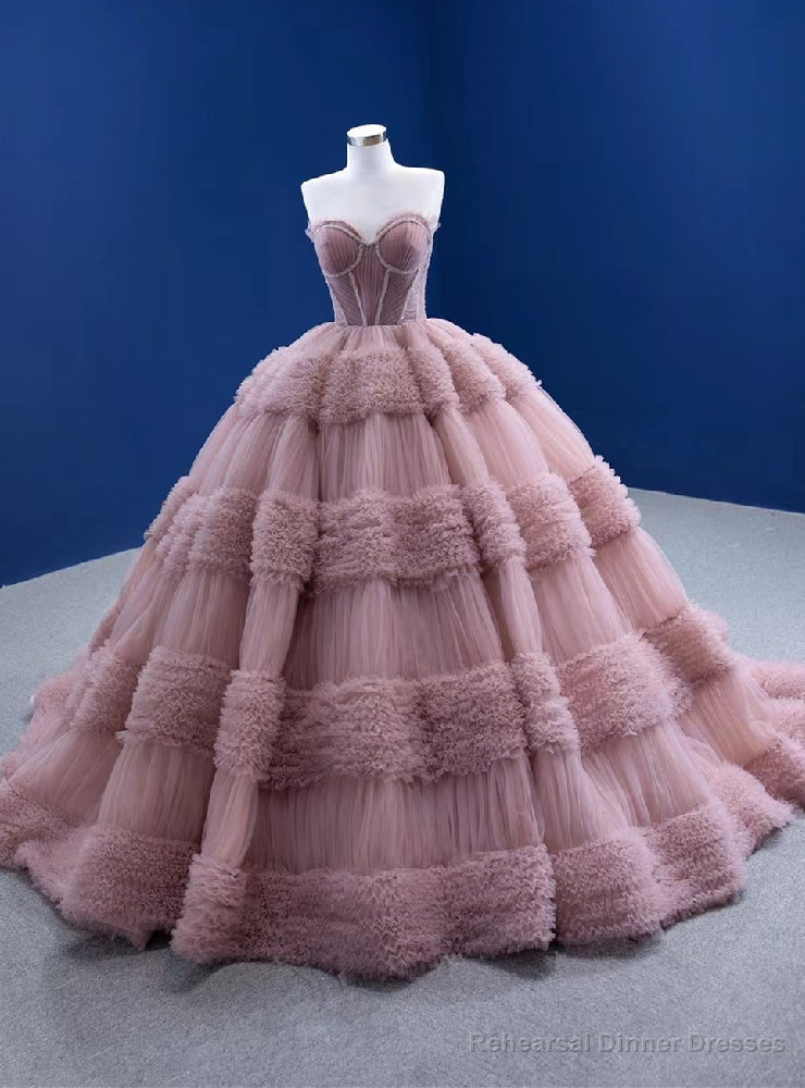 Pink Tulle Pleats Sweetheart Beading Prom Dress Main image