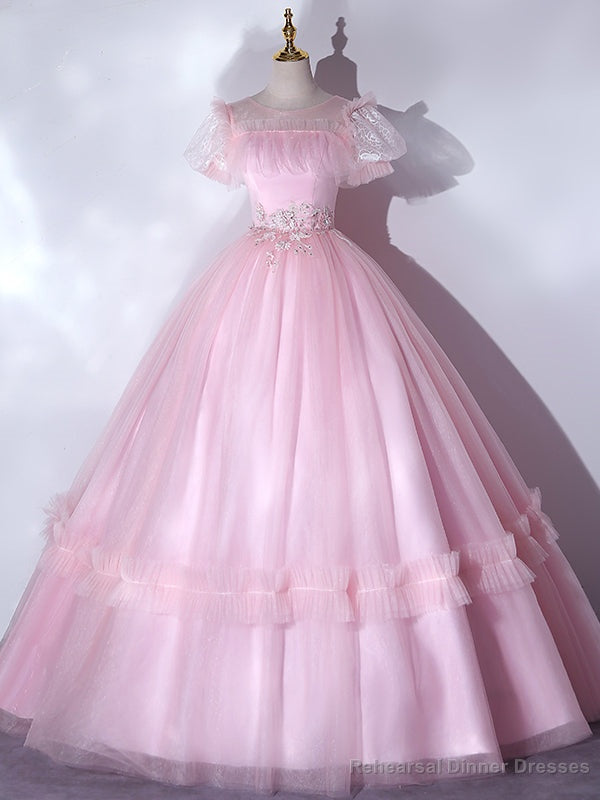 Pink Tulle Puff Sleeve Appliques Quinceanera Dress Main image