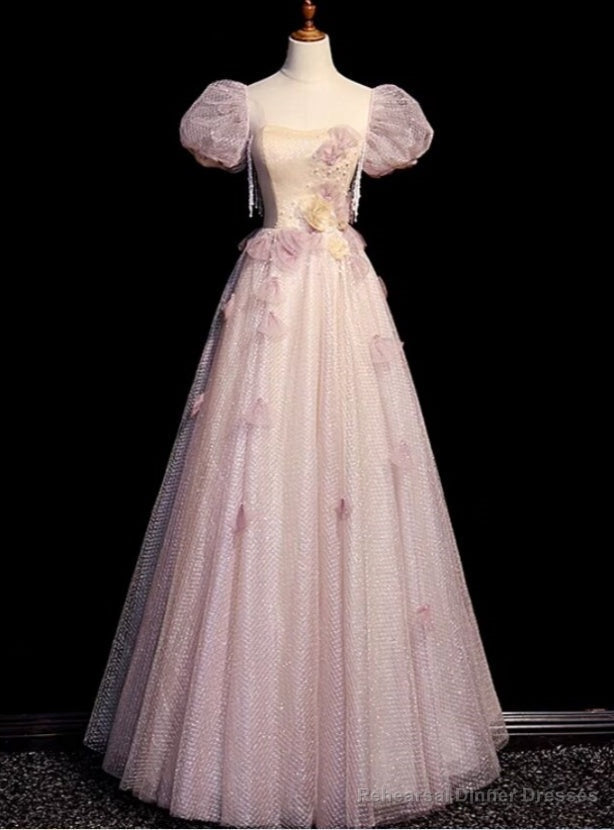 Pink Tulle Puff Sleeve Flower Prom Dress Main image