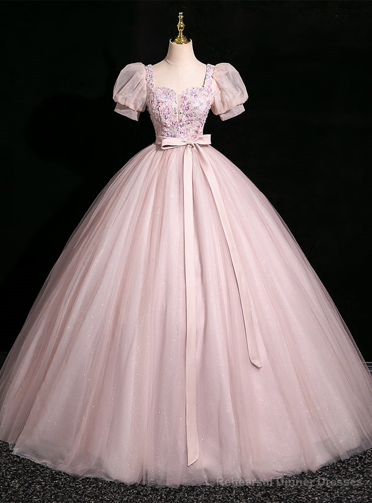 Pink Tulle Puff Sleeve Flower Quinceanera Dress Main image