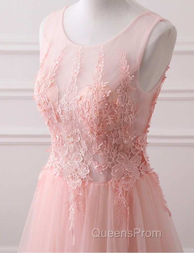 Pink Tulle Round Lace Applique Long Formal Dress, Pink Tulle Junior Evening Prom Dress Party Dress