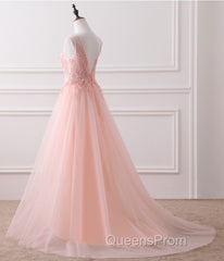 Pink Tulle Round Lace Applique Long Formal Dress, Pink Tulle Junior Evening Prom Dress Party Dress