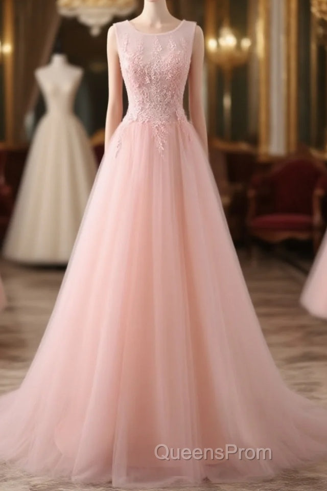 Pink Tulle Round Lace Applique Long Formal Dress, Pink Tulle Junior Evening Prom Dress Party Dress Main image
