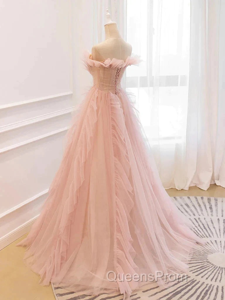 Pink Tulle Ruffles Off The Shoulder Long Evening Prom Dress