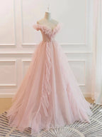 Pink Tulle Ruffles Off The Shoulder Long Evening Prom Dress
